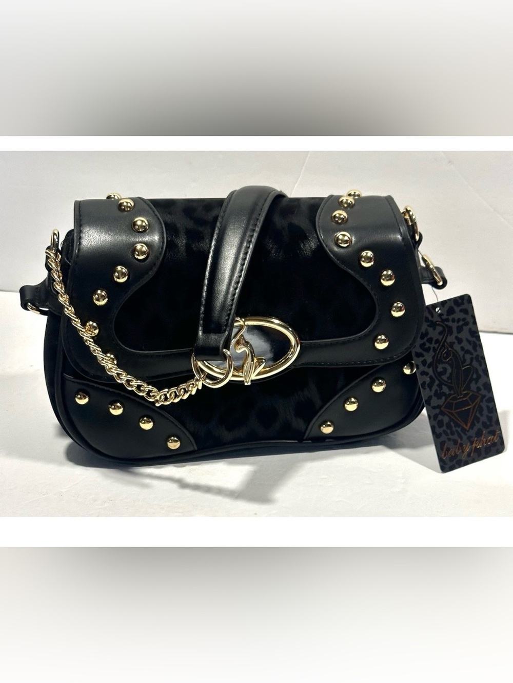 Baby Phat Studded Black Shoulder Bag with Gold Chain Accent